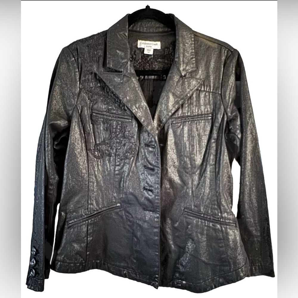 Coldwater Creek Black Shimmer Denim Fitted Blazer Size 8 Petite with Embroidery - Picture 3 of 11